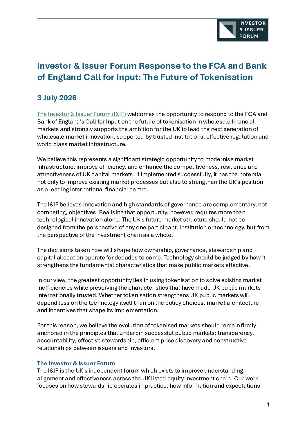 I&IF Tokenisation Consultation Response